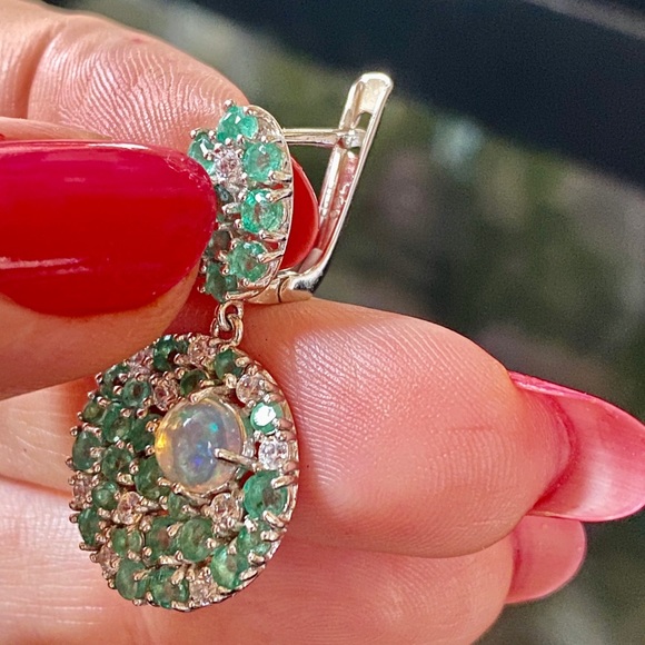 Fascinating Genuine Emerald Fire Opal Earrings - Picture 12 of 17